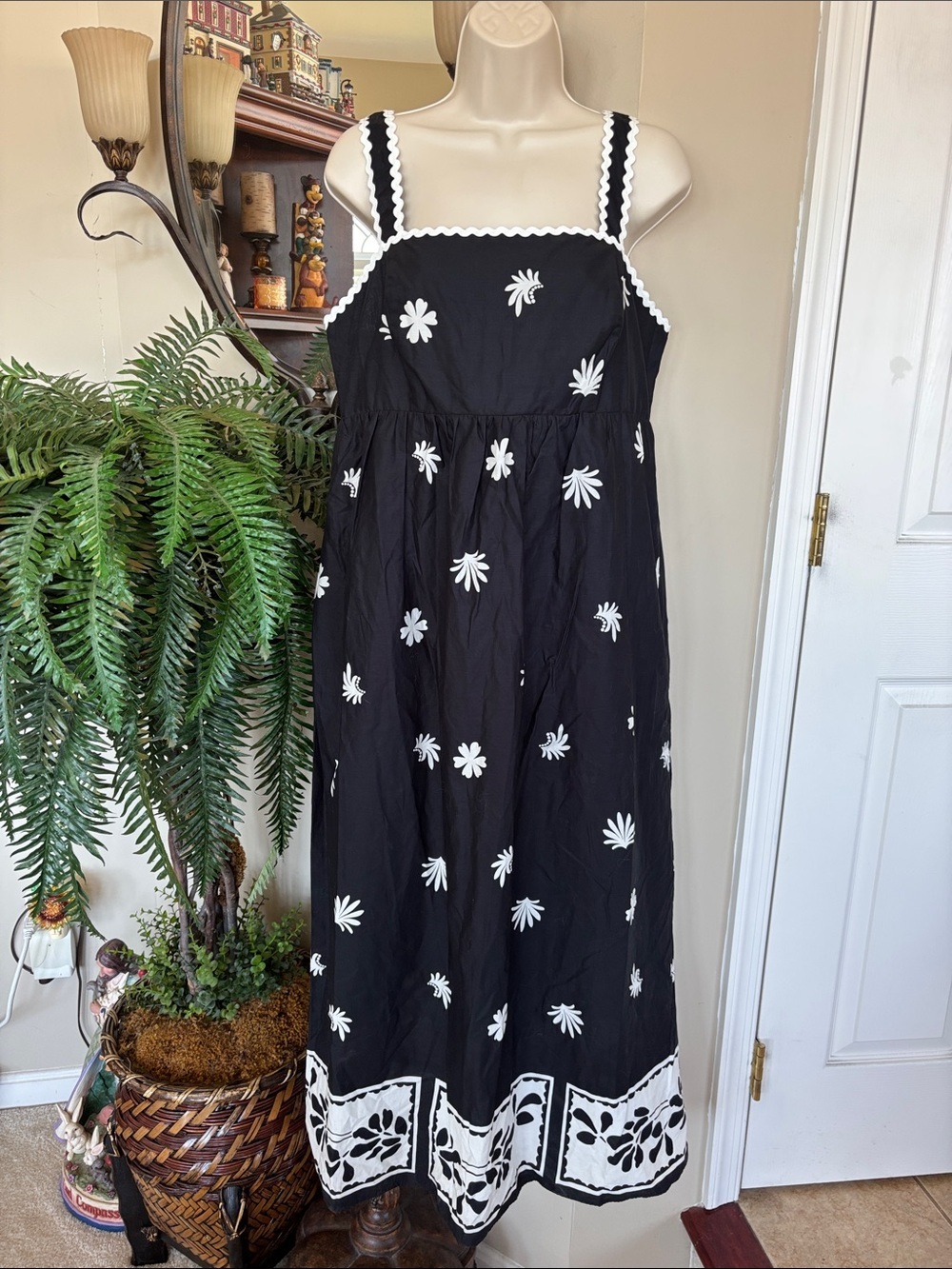 Cynthia Rowley Black Maxi Dress White Floral RicRac Trim Smocked Back Bow Cotton